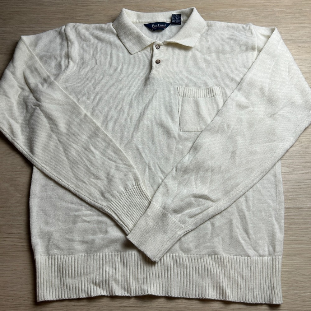 Vintage Par Four Mens XL Cream White Long Sleeve Knit Polo Sweater Golf